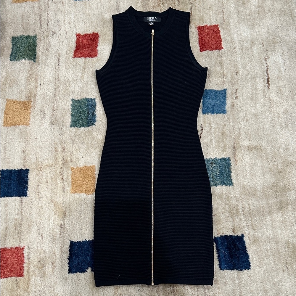 Black Sleeveless Ribbed Knit Dress with Gold Zipper